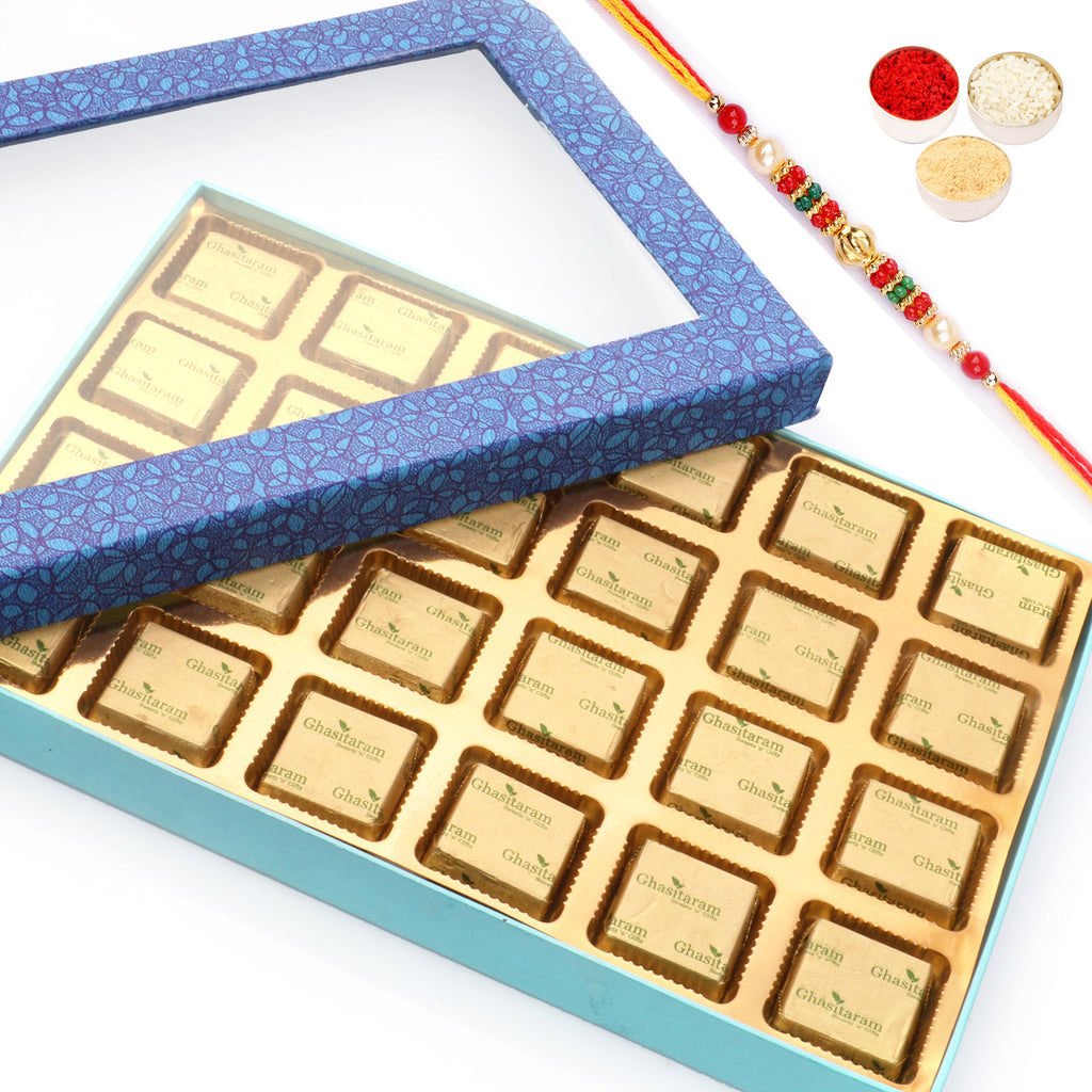 Blue Window 24 pcs Mewa Bites Box with with Pearl Beads Rakhi