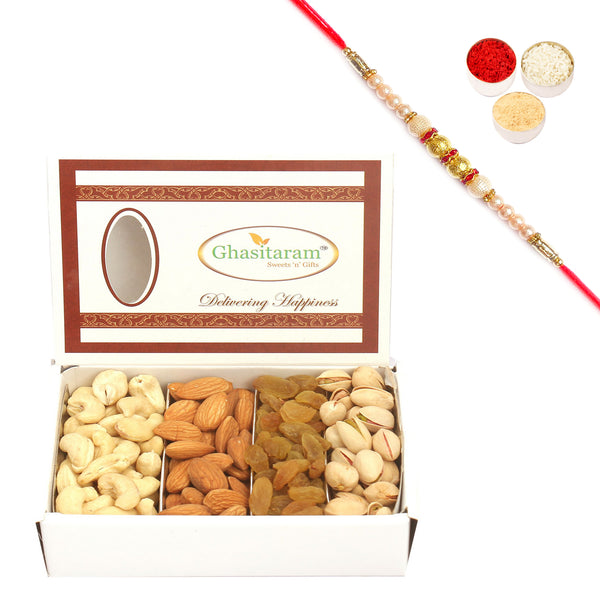Rakhi Dyfruits- Ghasitaram's Dryfruit Box 200 gms with Pearl Rakhi