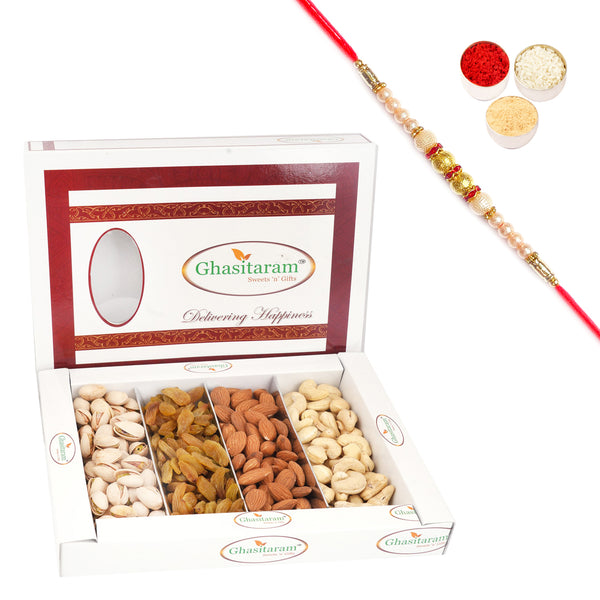 Rakhi Dyfruits- Ghasitaram's Dryfruit Box 400 gms with Pearl Rakhi