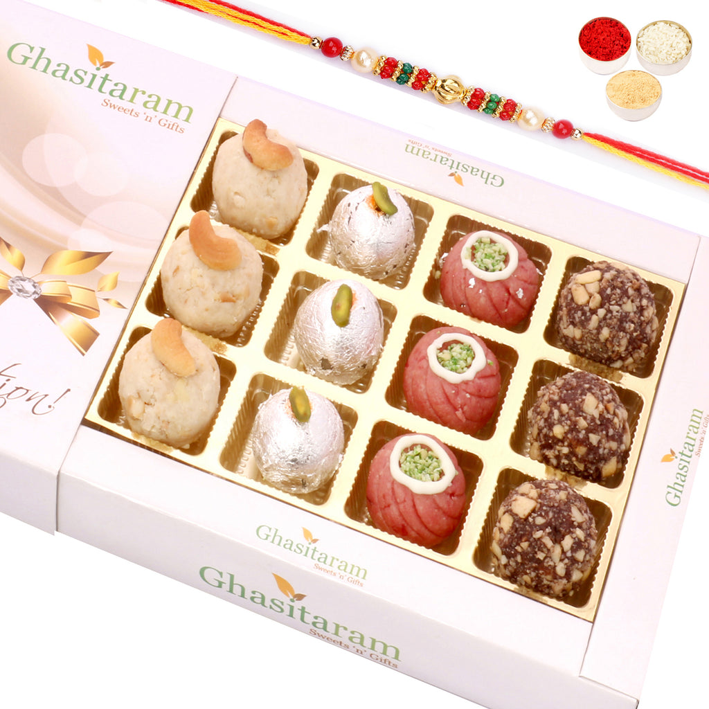 Assorted Dryfruit Sweets in White Box with Beads Rakhi