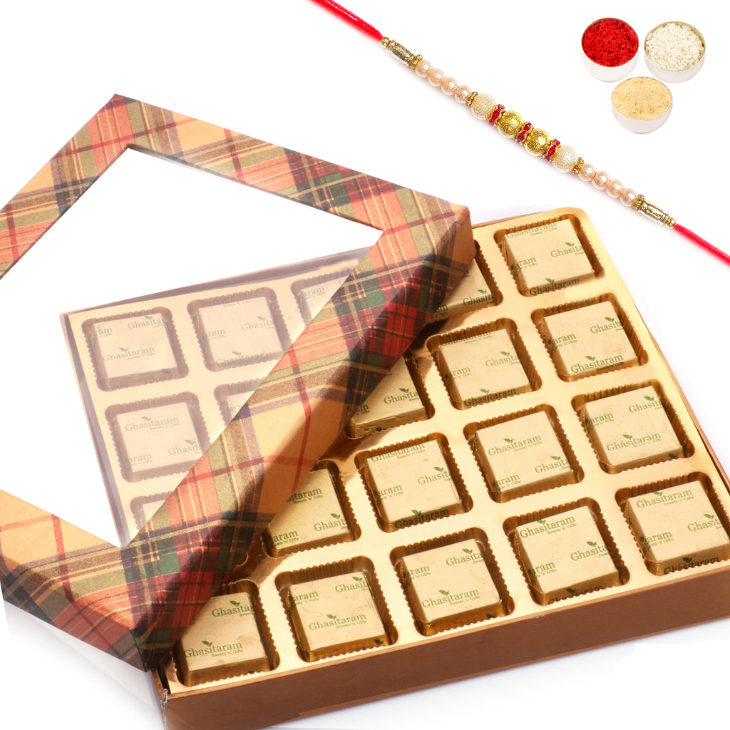 Golden Checks Assorted Chocolate Box with Pearl Rakhi