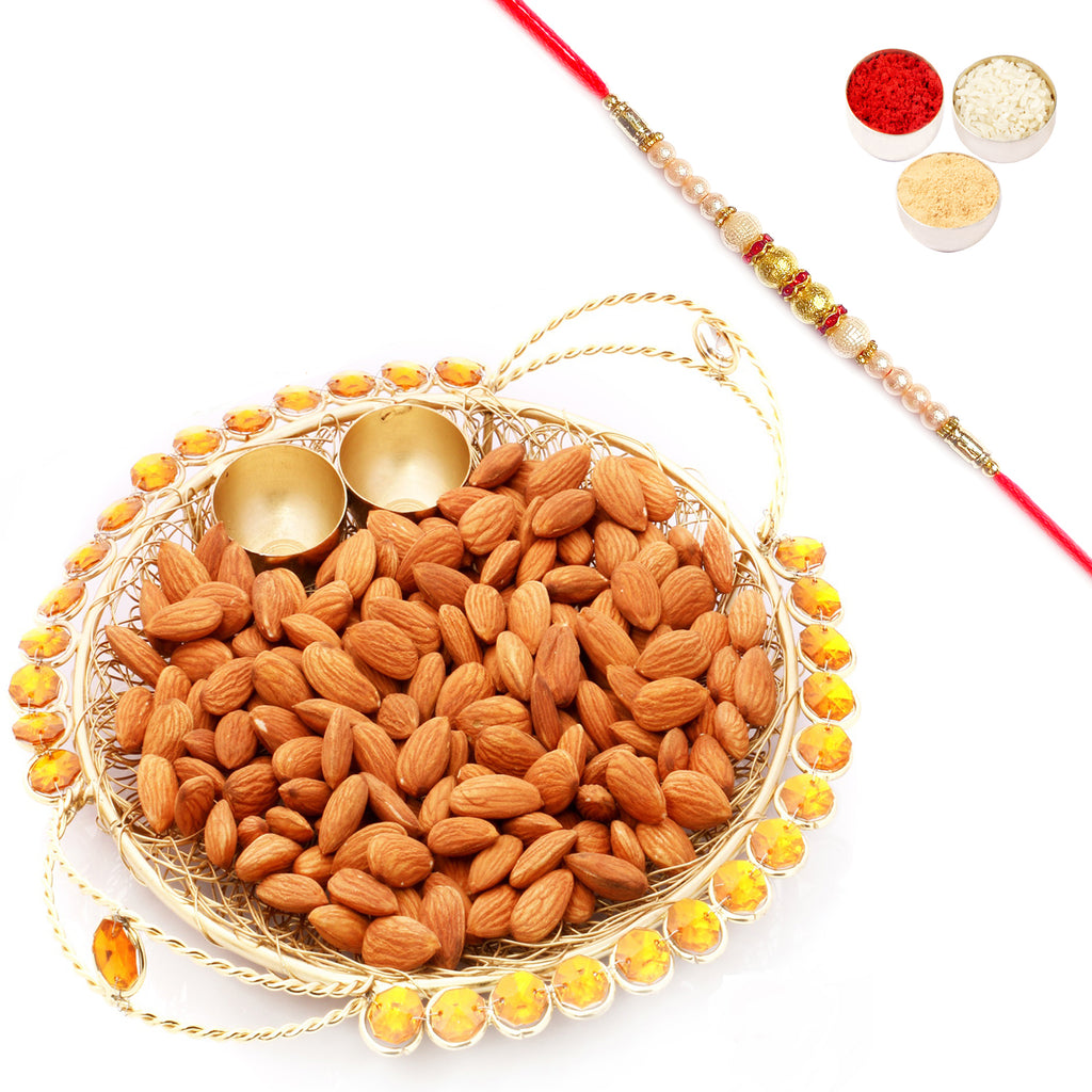 Golden Mesh Thali and Almonds with Pearl Rakhi