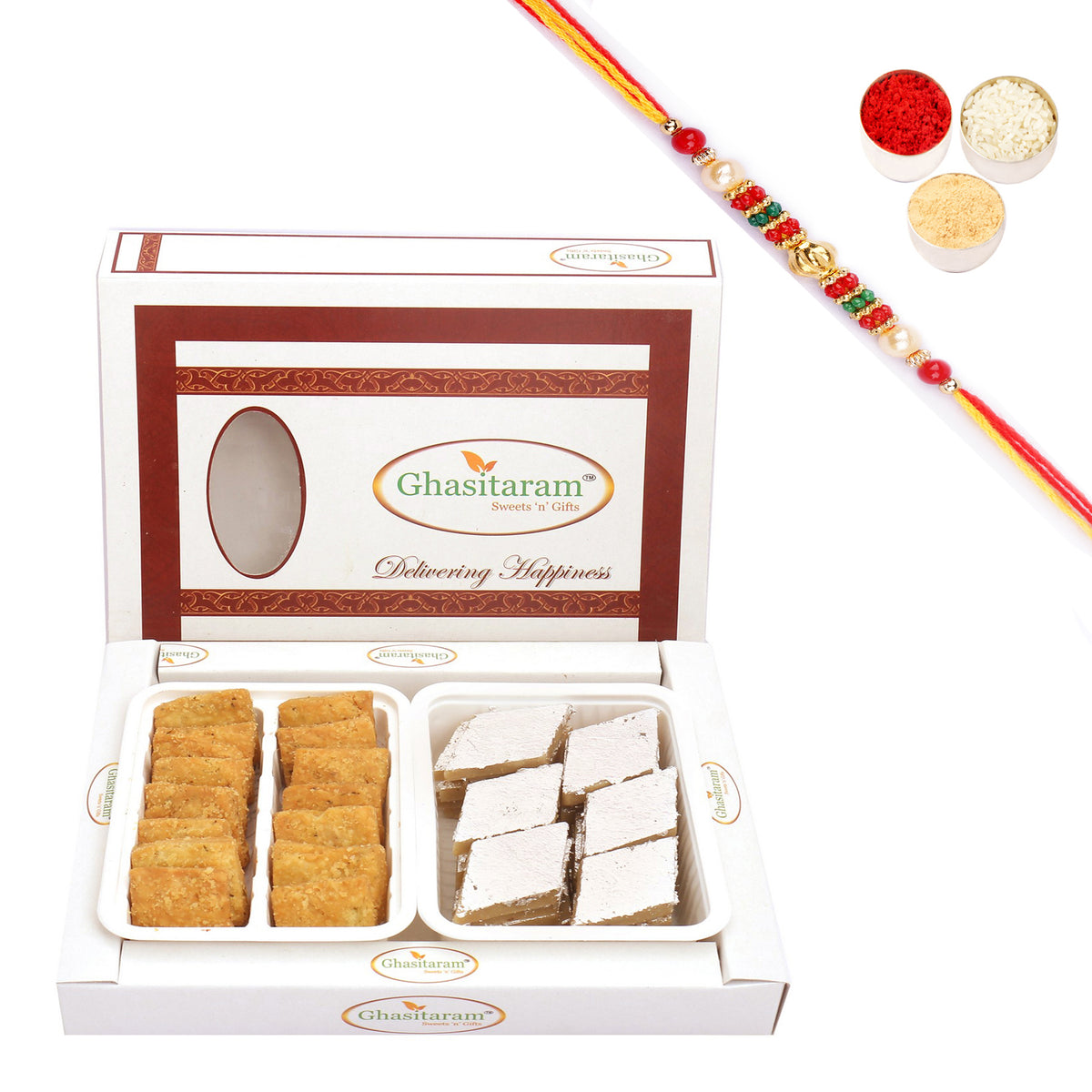 Kaju Katli and Methi Mathri Hamper with Pearl Beads Rakhi