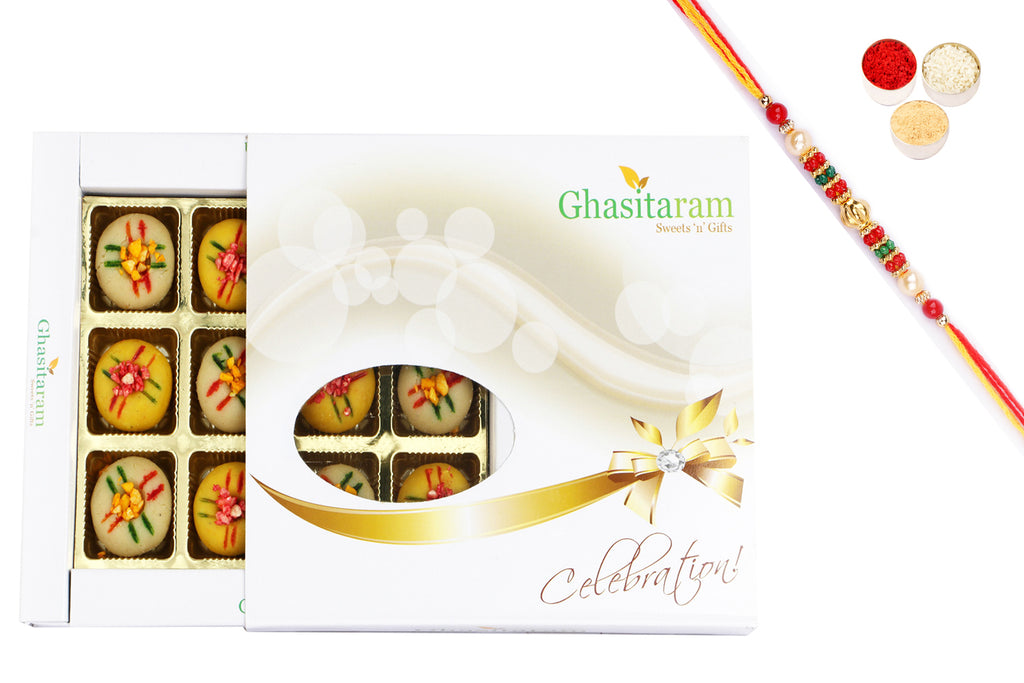 Rakhi Gifts For Brother-Ghasitarams Sweets Assorted Mawa Peda 12 pcs White Box-200gms with Beads Rakhi