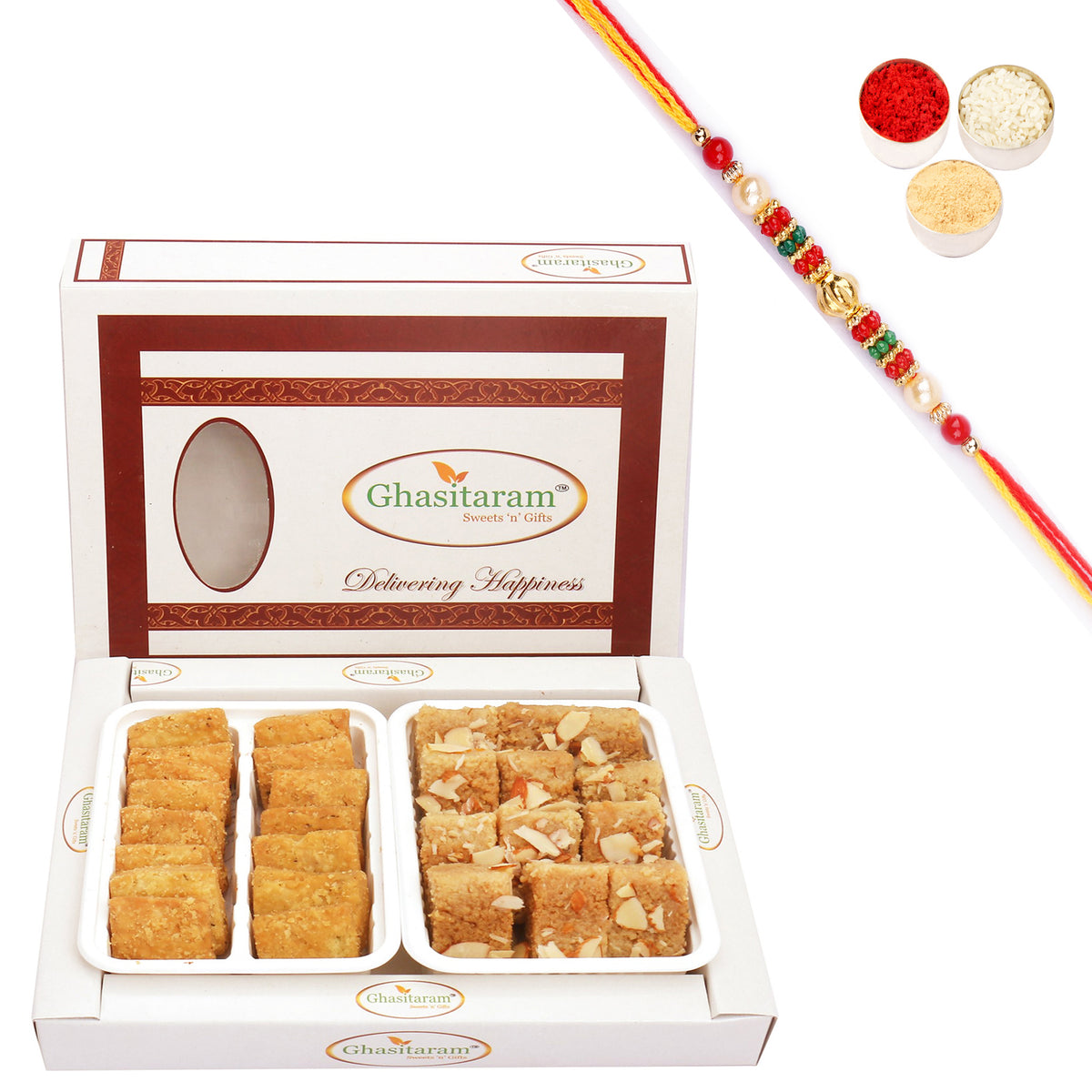 Milk Cake and Methi Mathri Hamper with Pearl Beads Rakhi
