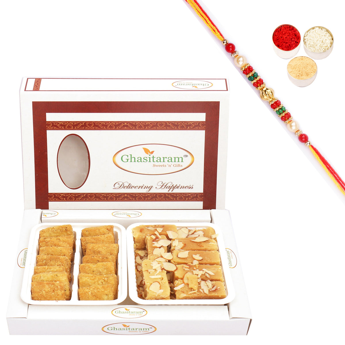 Mysore Pak and Methi Mathri Hamper with Pearl Beads Rakhi
