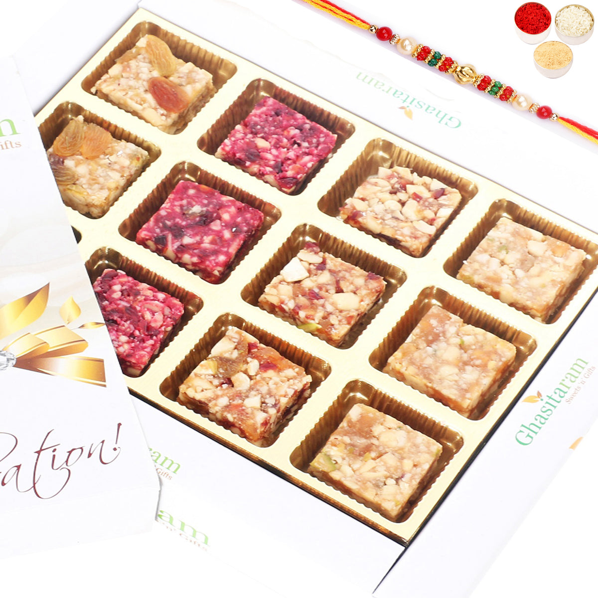 Rakhi Gifts Natural Fruit Assorted Sugarfree Sweets White Box with Pearl Beads Rakhi