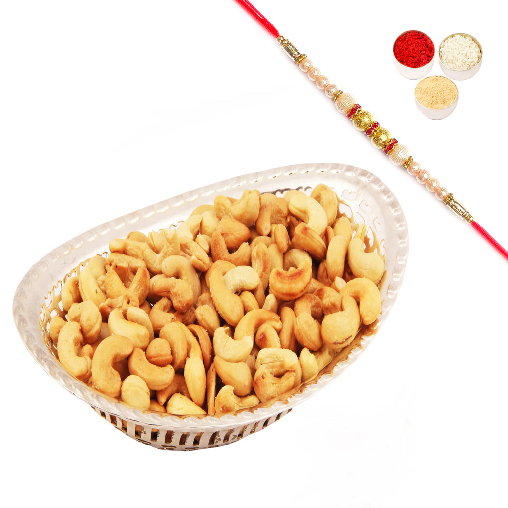 Silver Oval Bowl with Roasted Cashews with Pearl Rakhi