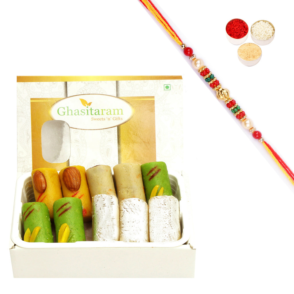 Rakhi Gifts Sweets-Ghasitarams Assorted Rolls Box 200 gms with Beads Rakhi