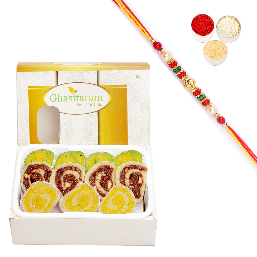 Sugarfree Assorted Moons Box 200 gms with Pearl Beads Rakhi