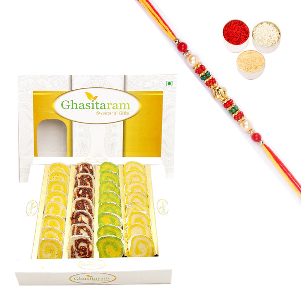 Sugarfree Assorted Moons Box 400 gms with Pearl Beads Rakhi