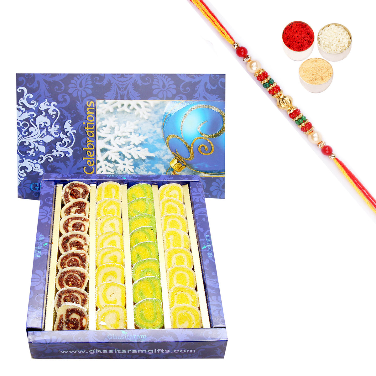 Sugarfree Assorted Moons Box 800 gms with Pearl Beads Rakhi