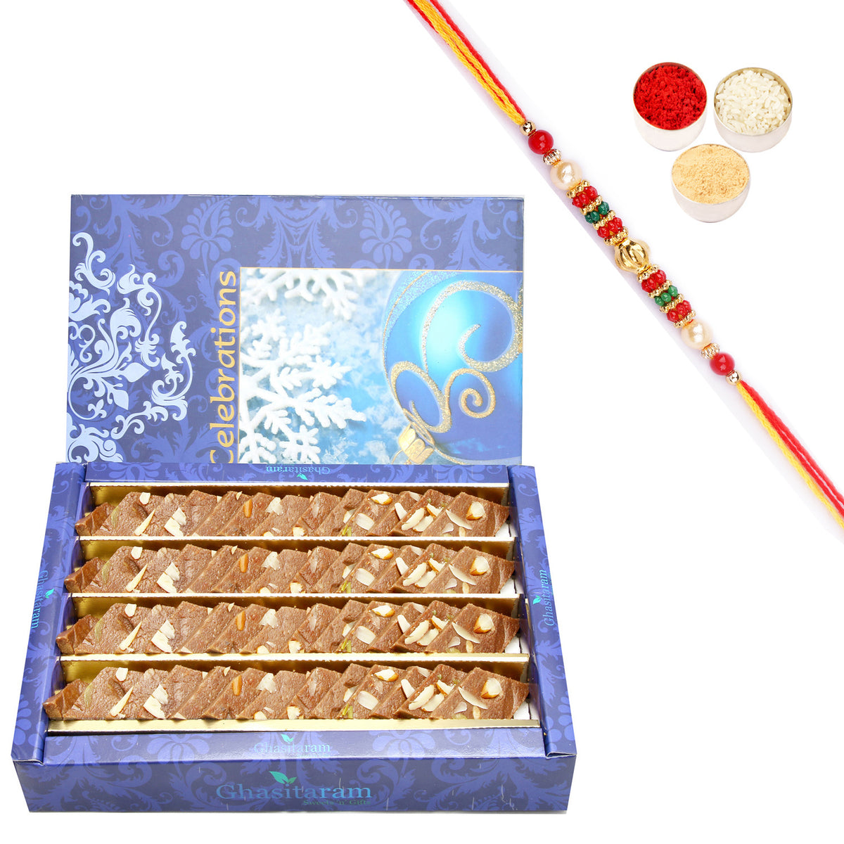Sugarfree Chocolate Kaju Katli 800 gms with Pearl Beads Rakhi