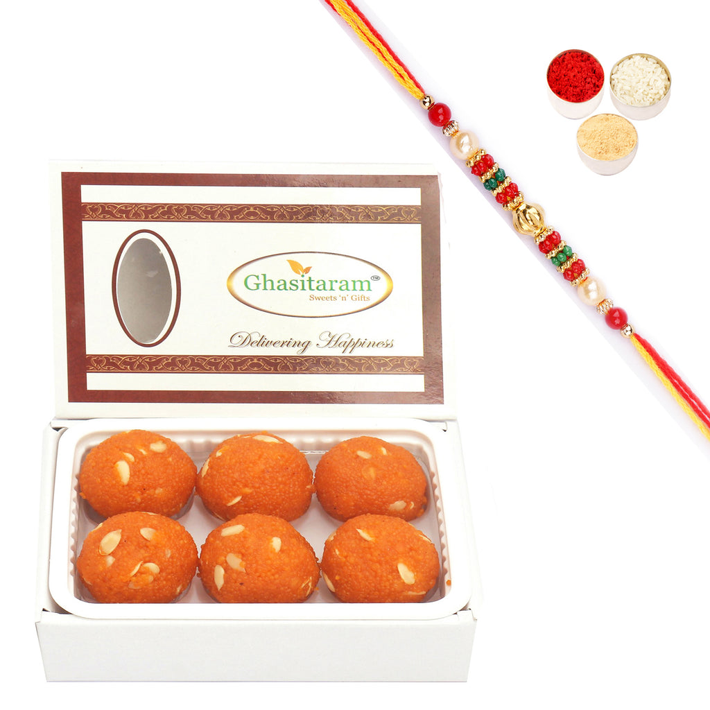 Rakhi Gifts Sweets-Motichoor /Boondi Laddoo Box (200 gms) with Pearl Beads Rakhi
