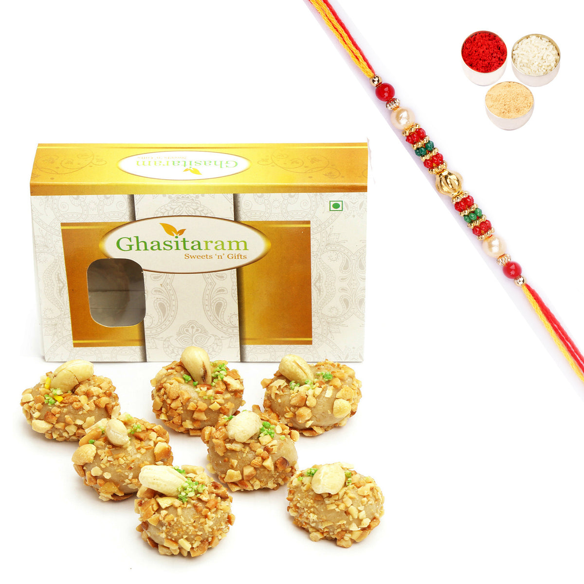 Sugarfree Roasted Kaju Laddoo (200 gms) with Pearl Beads Rakhi