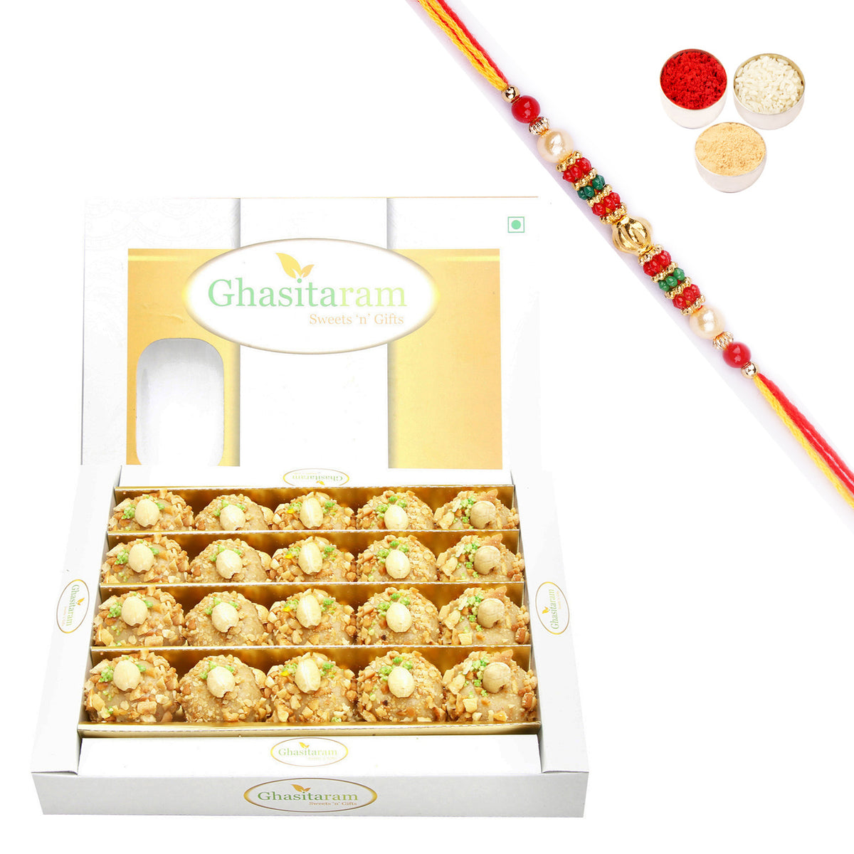 Sugarfree Roasted Kaju Laddoo (400 gms) with Pearl Beads Rakhi