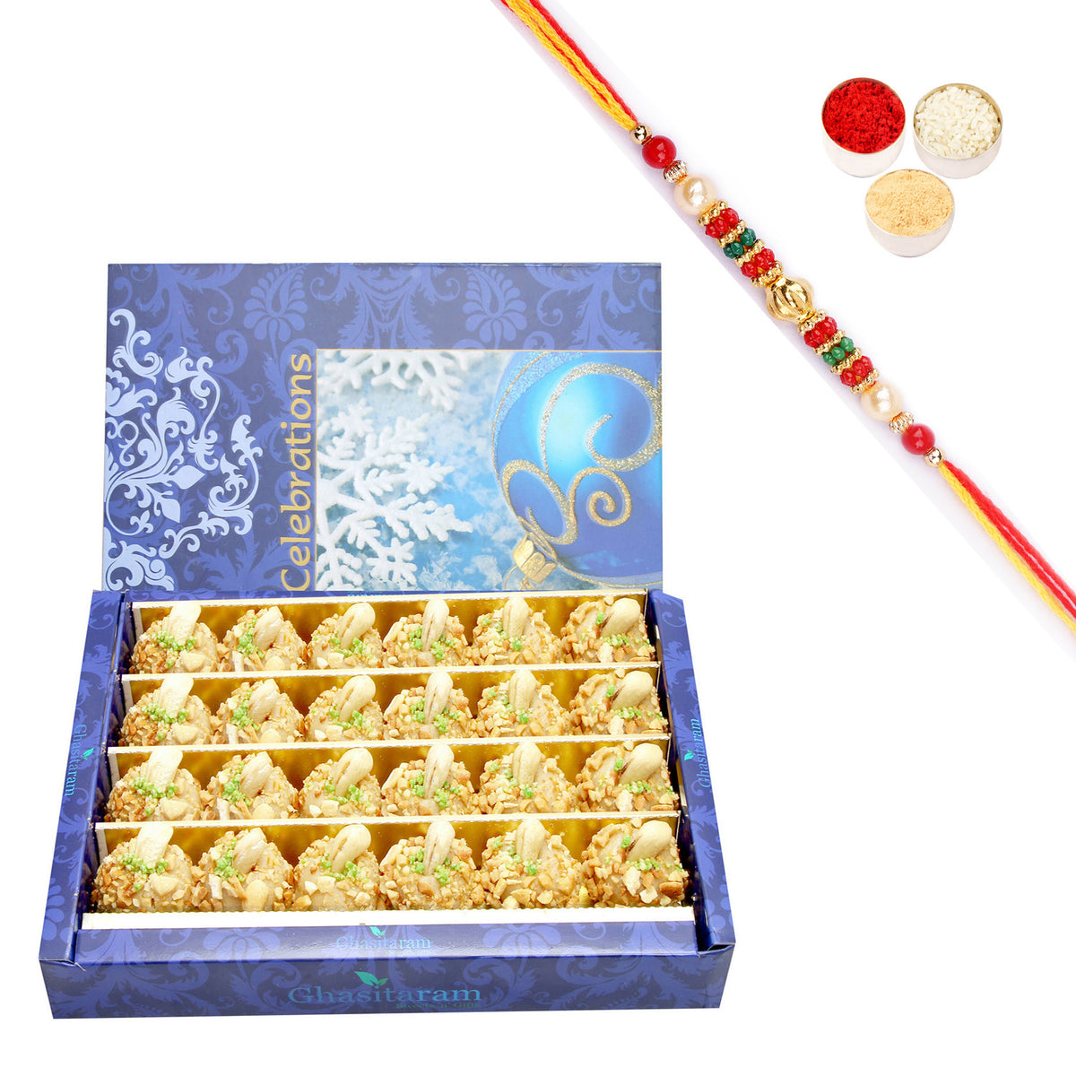 Sugarfree Roasted Kaju Laddoo (800 gms) with Pearl Beads Rakhi