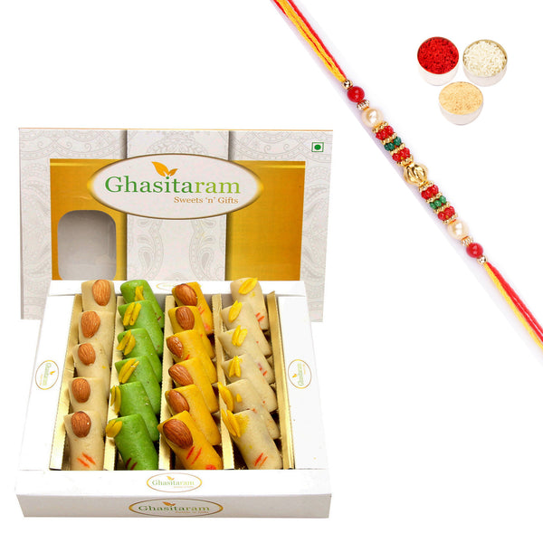 Sugarfree Assorted Rolls Box 400 gms with Pearl Beads Rakhi