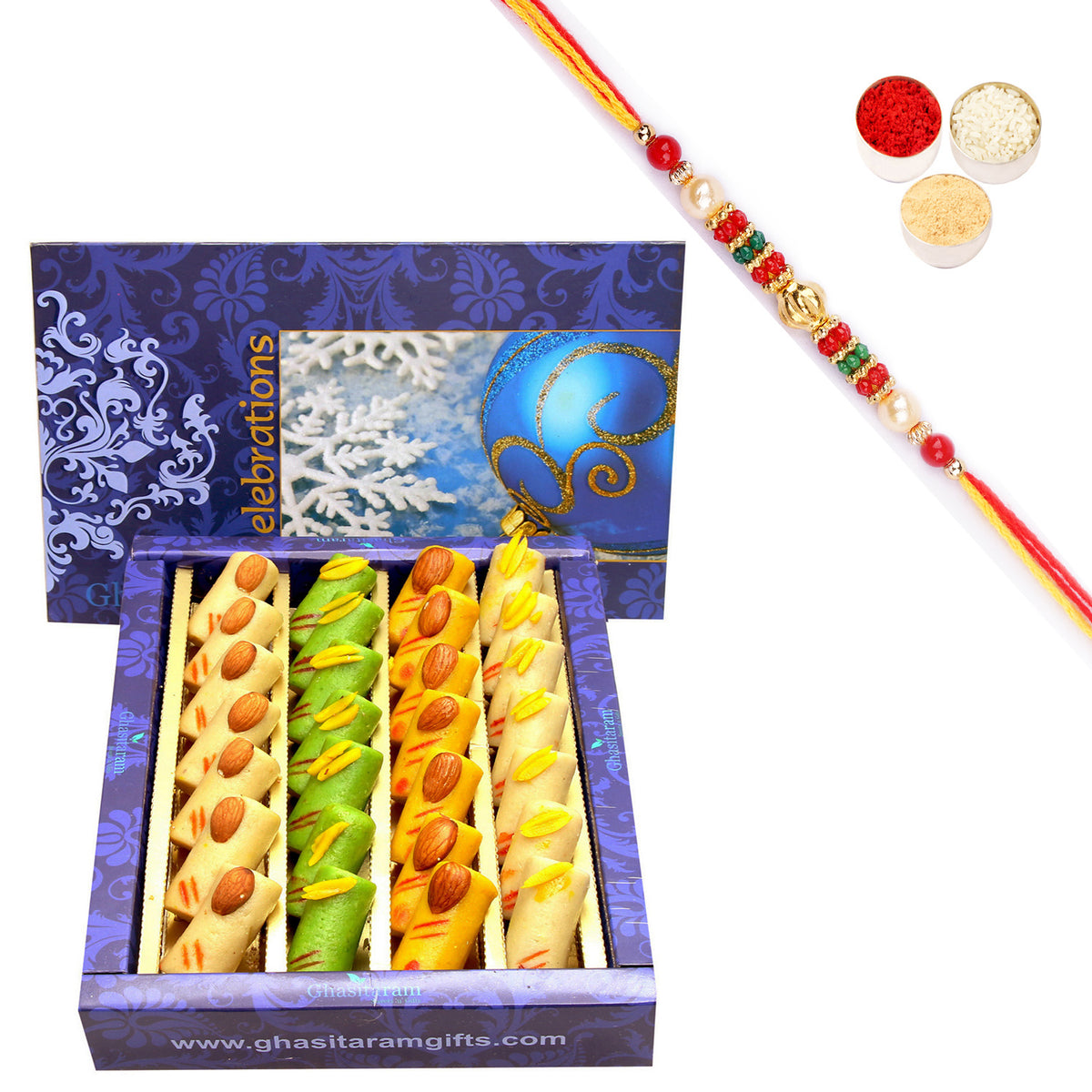 Sugarfree Assorted Rolls Box 800 gms with Pearl Beads Rakhi