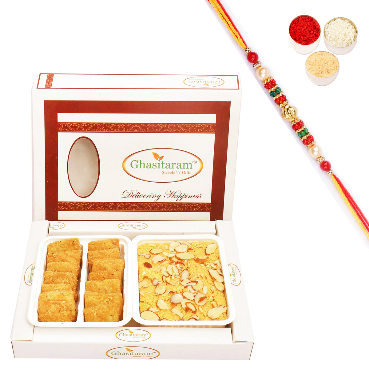 Soan Papdi and Methi Mathri Hamper with Pearl Beads Rakhi