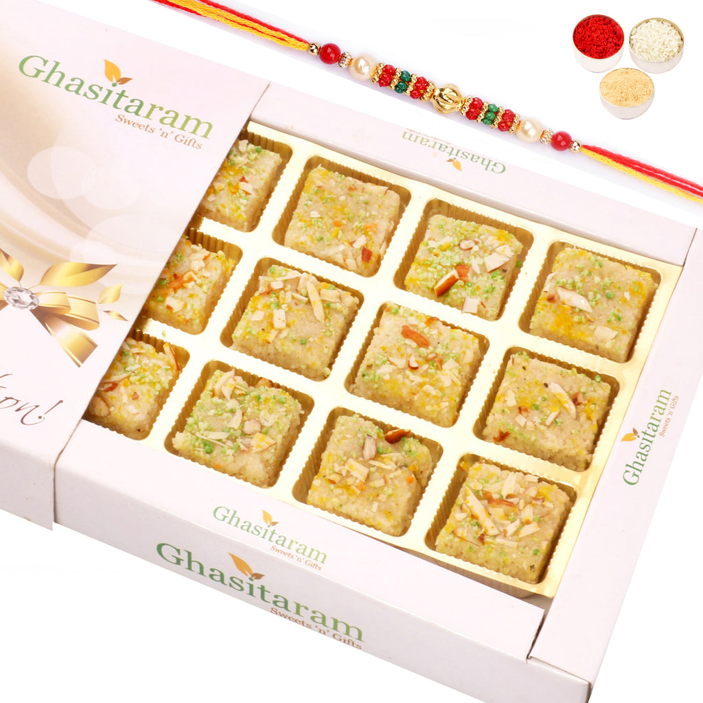 Sugarfree Almond Barfi in White box with Pearl Beads Rakhi