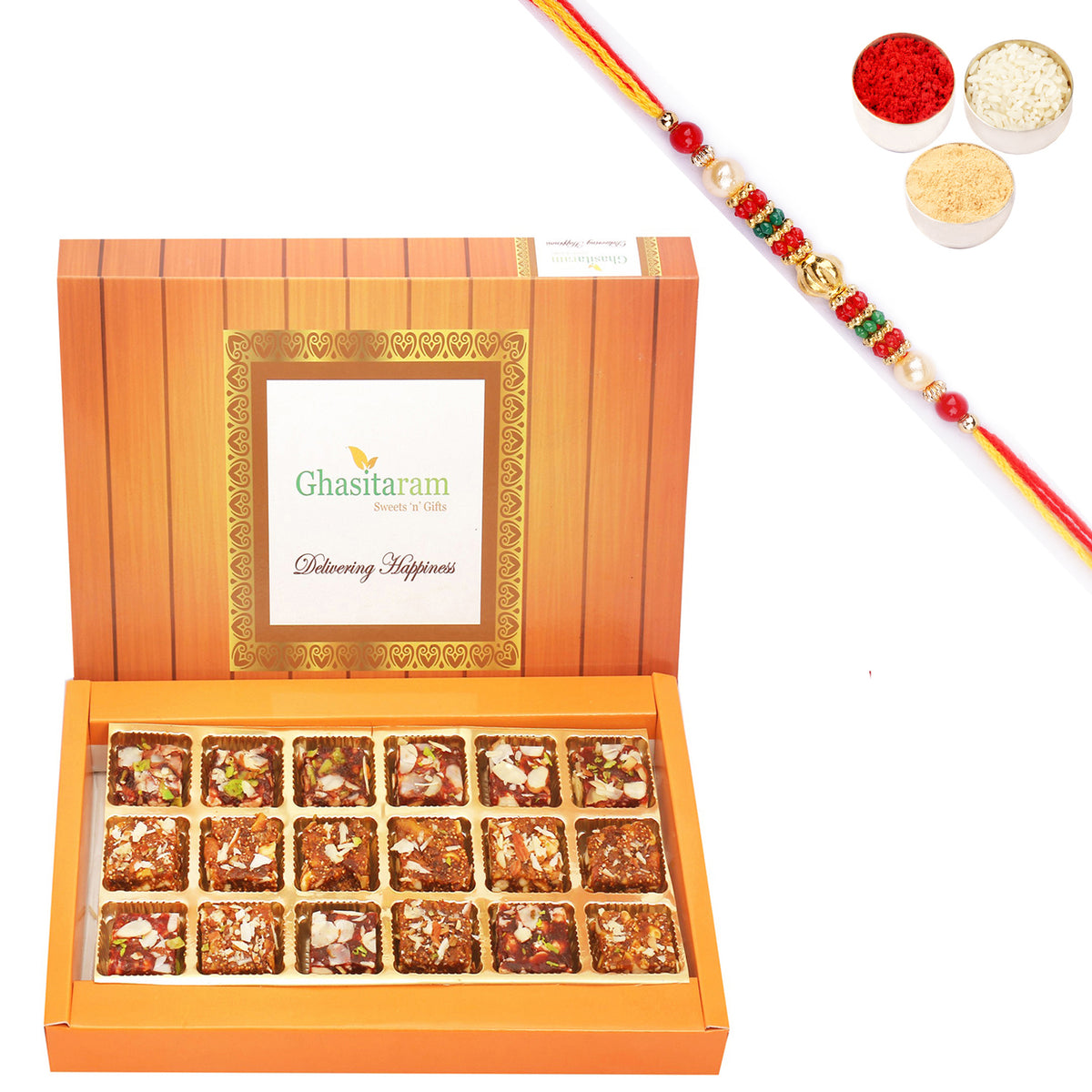 Sugarfree Sweets - Ghasitarams Natural Sugarfree Mix 400 gms with Pearl Beads Rakhi