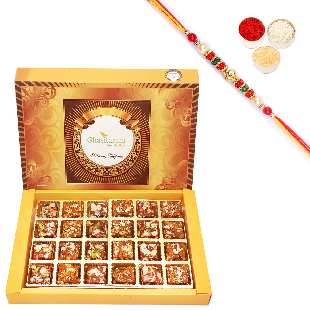 Sugarfree Sweets - Ghasitarams Natural Sugarfree Mix 800 gms with Pearl Beads Rakhi