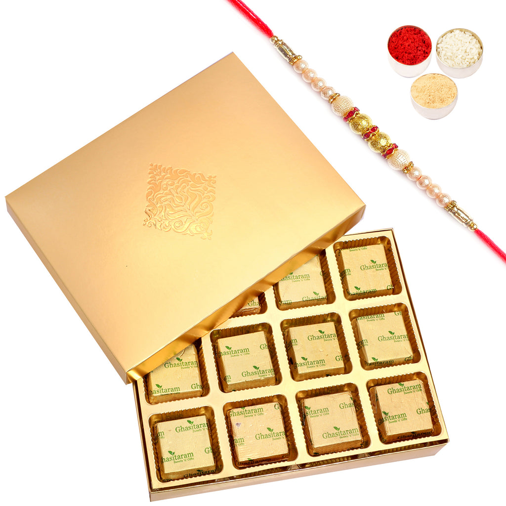 Golden 12 pcs Roasted Almond Chocolate Box with Pearl Rakhi