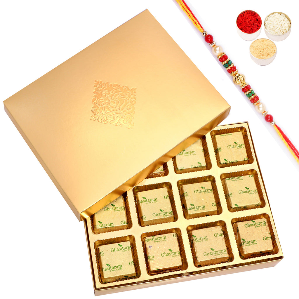 Rakhi Mewa Bite -  Golden 12 pcs Mewa Bites Box with Pearl Beads Rakhi