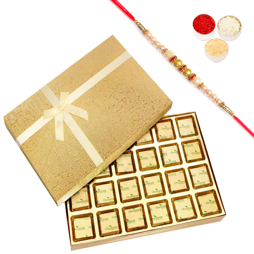 Golden 24 pcs Assorted Chocolate Box with Pearl Rakhi