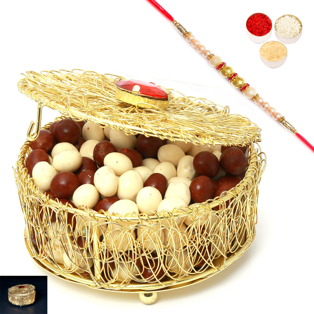 Golden Mesh Nutties Box with Pearl Rakhi