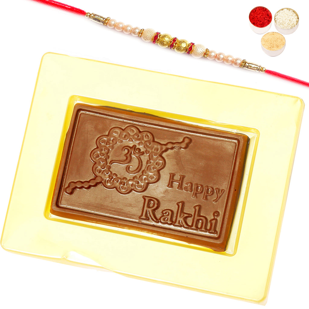 "Happy Rakhi" Message Chocolate Bar Small Pearl Rakhi