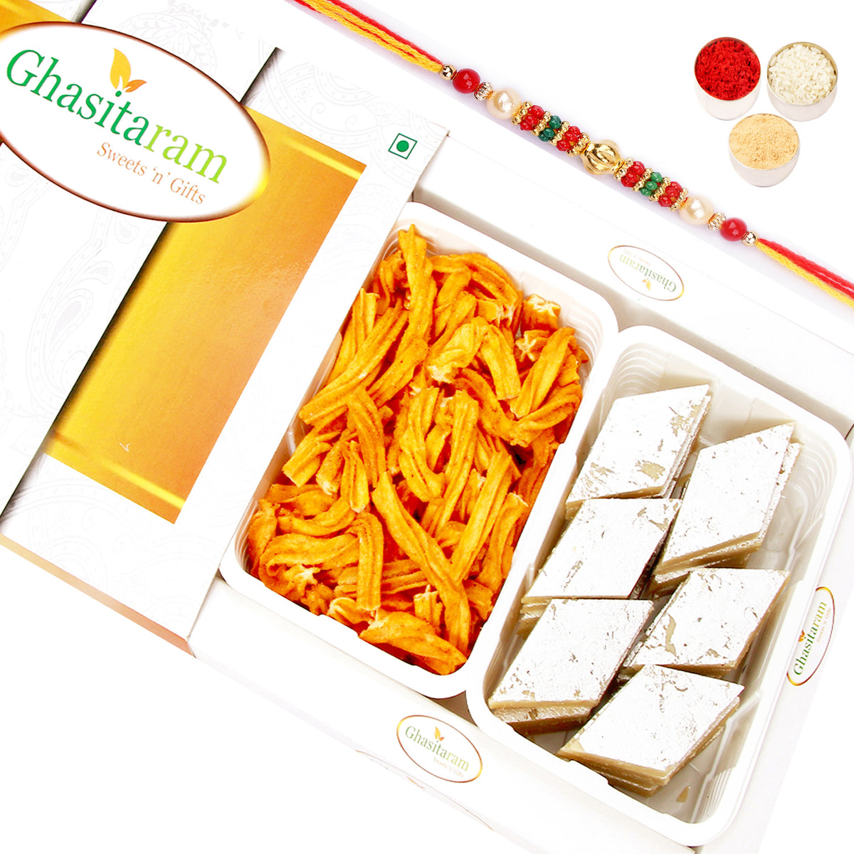 Kaju Katli and Chakli Hamper Pearl Beads Rakhi