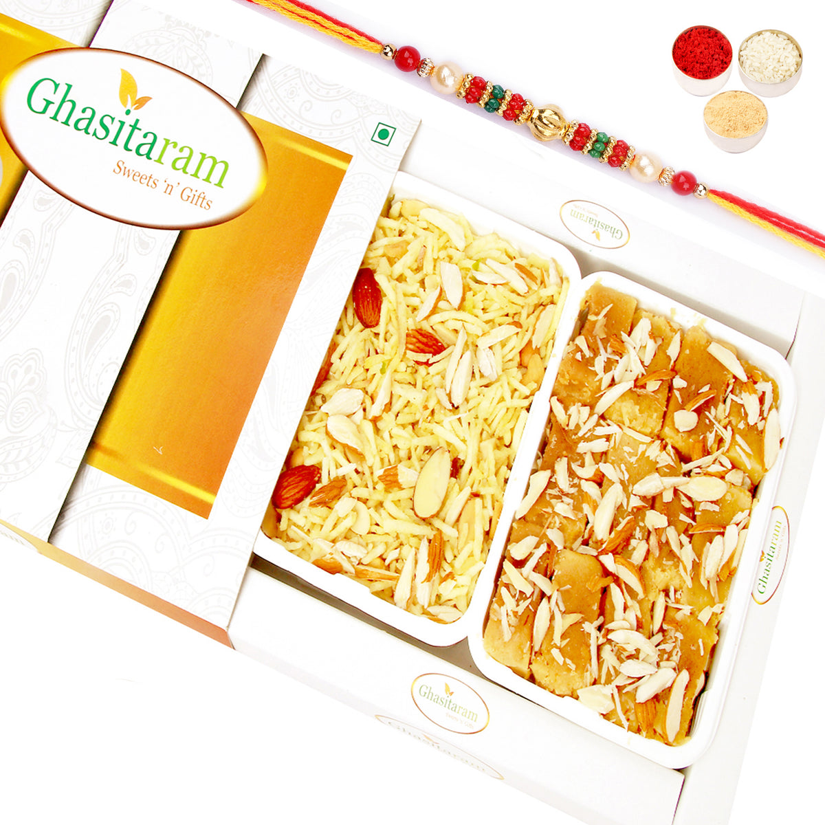 Mysore Pak and Namkeen Hamper Pearl Beads Rakhi