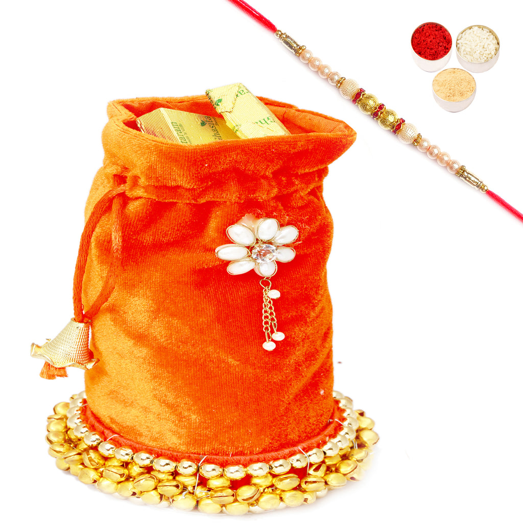 Orange Velvet Chocolate Potli with Pearl Rakhi
