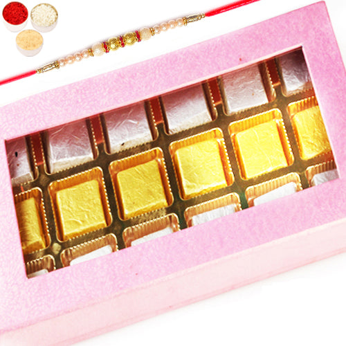 Pink 15 pcs Assorted Chocolate Box with Pearl Rakhi