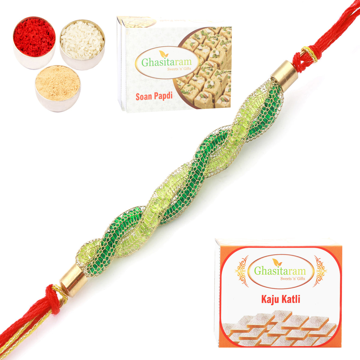 Rakhi for Brother Rakhis Online - 0057 Never leave me Rakhi with 200 gms of Kaju katli and 200 gms of Soan Papdi 