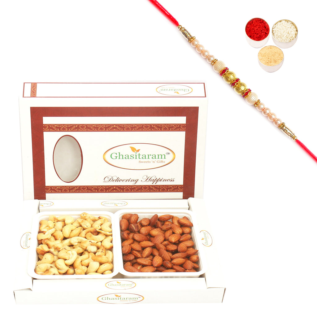 Rakhi Dryfruits- Salted Cashews and Salted Almonds in White Box with Pearl Rakhi
