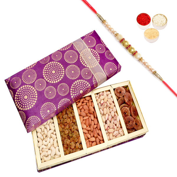 Rakhi Dryfruits - Satin 5 part Dryfruit Box with Pearl Rakhi