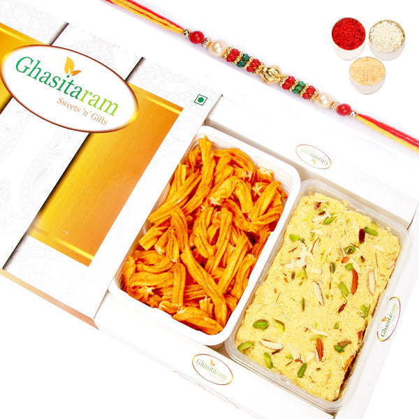 Soan Papdi and Chakli Hamper with Pearl Beads Rakhi
