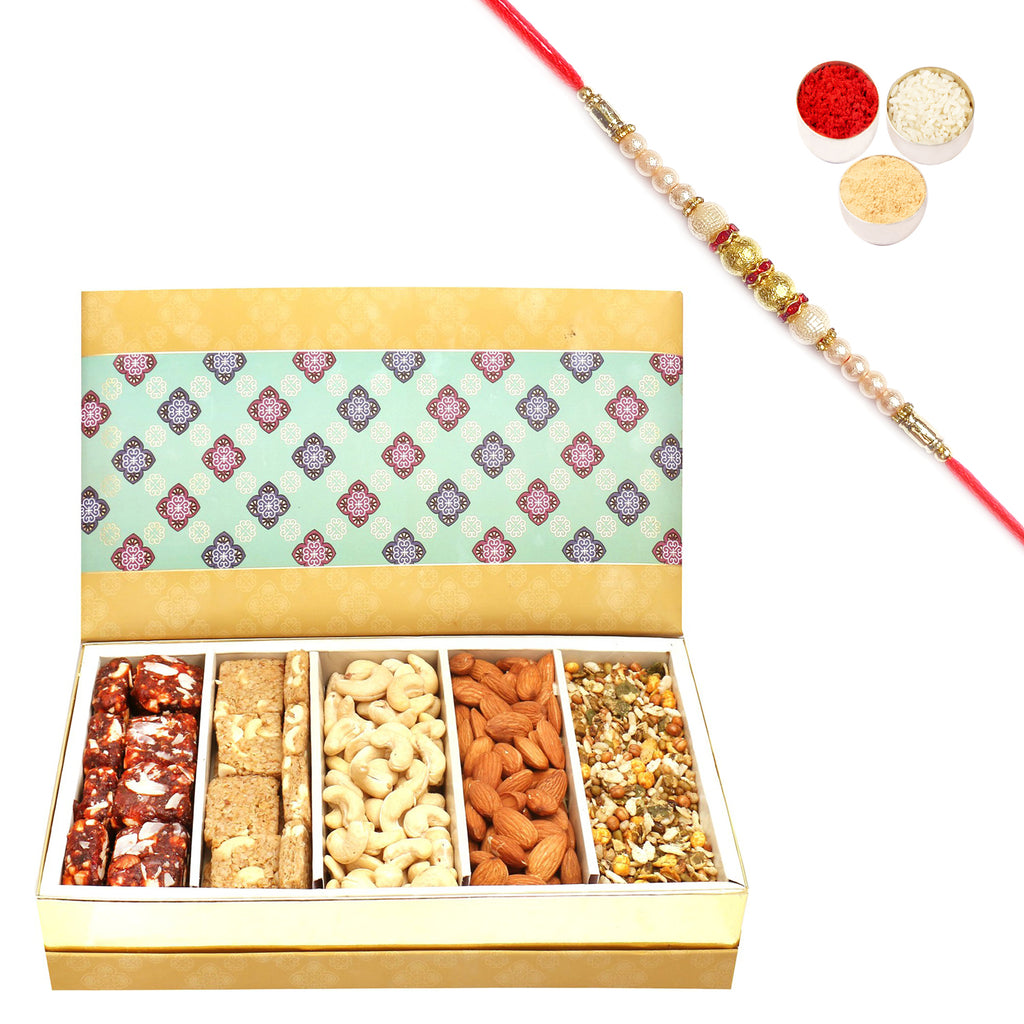 5 Part Print Almonds, Cashews, Sugarfree Dates and Figs Bites, Roasted Namkeen and Granula Bites Box with Pearl Rakhi