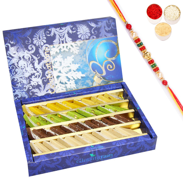 Pure Assorted Kaju Katlis 800 gms with Beads Rakhi