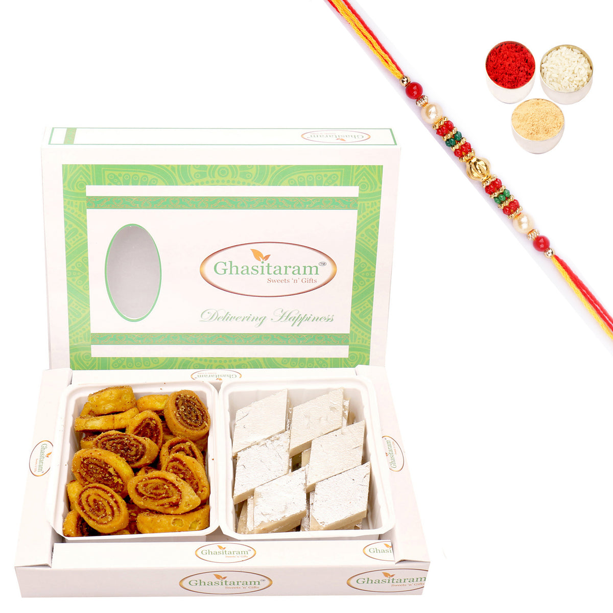 Bhakar Wadi and Kaju Katli Hamper with Pearl Beads Rakhi
