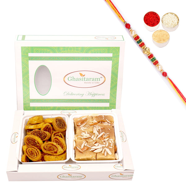 Bhakar Wadi and Soft Mysore Pak Hamper with Pearl Beads Rakhi