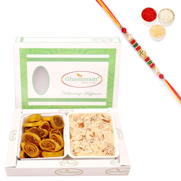 Bhakar Wadi and Soan Papdi Hamper with Pearl Beads Rakhi
