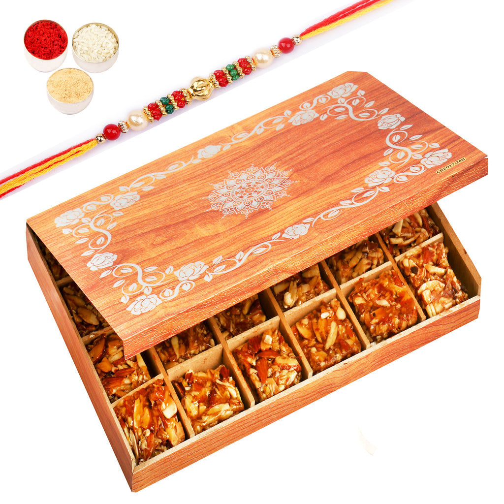Wooden 24 Pcs Roasted Almond Bites  Box with Beads Rakhi