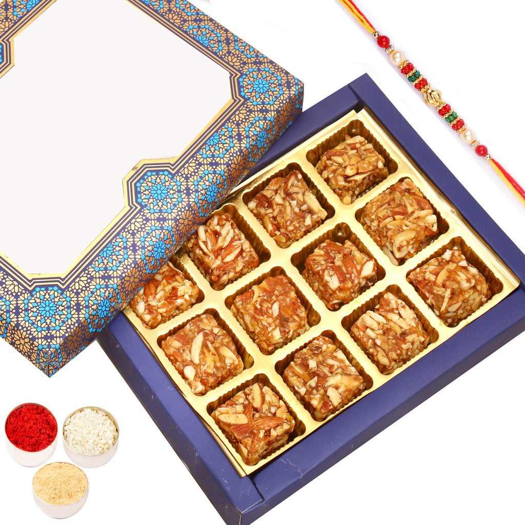 Blue Print 12 pcs Roasted Almond Bites Box with Beads Rakhi