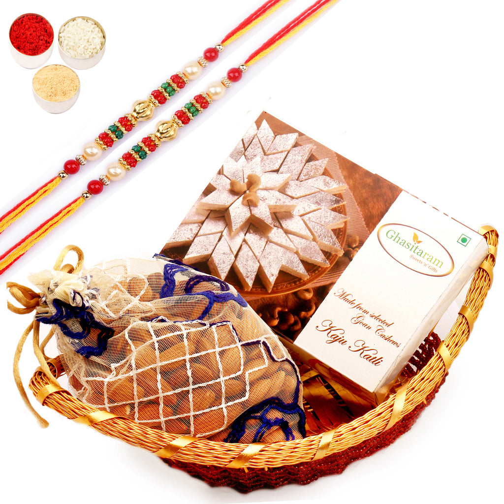 Boat Basket with Kaju Katli and Almonds with 2 Pearl Beads Rakhis