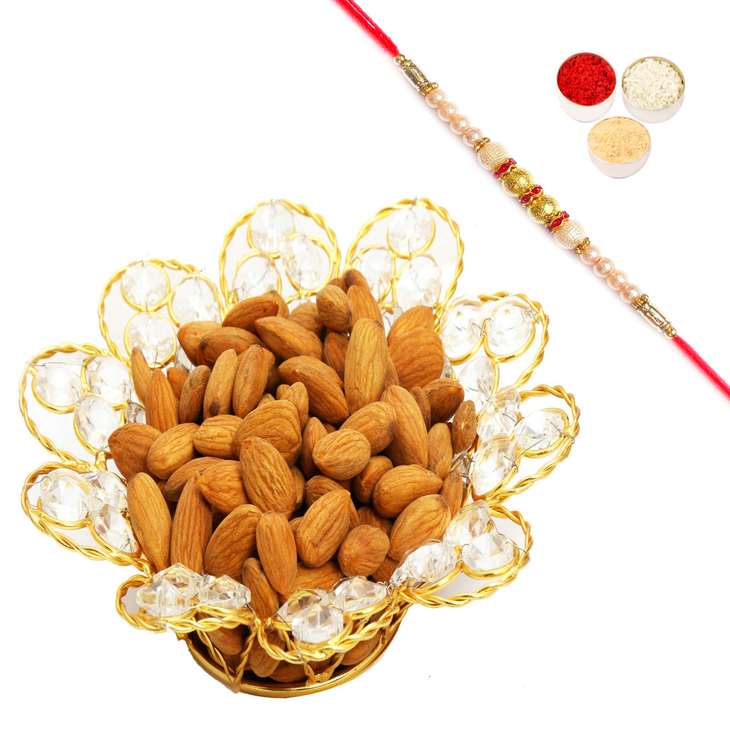 Rakhi Dryfruits - Gold Crystal  Almonds Bowl with Pearl Rakhi