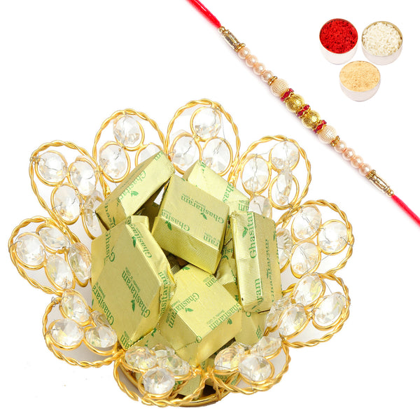 Gold Crystal Chocolate Bowl with Pearl Rakhi